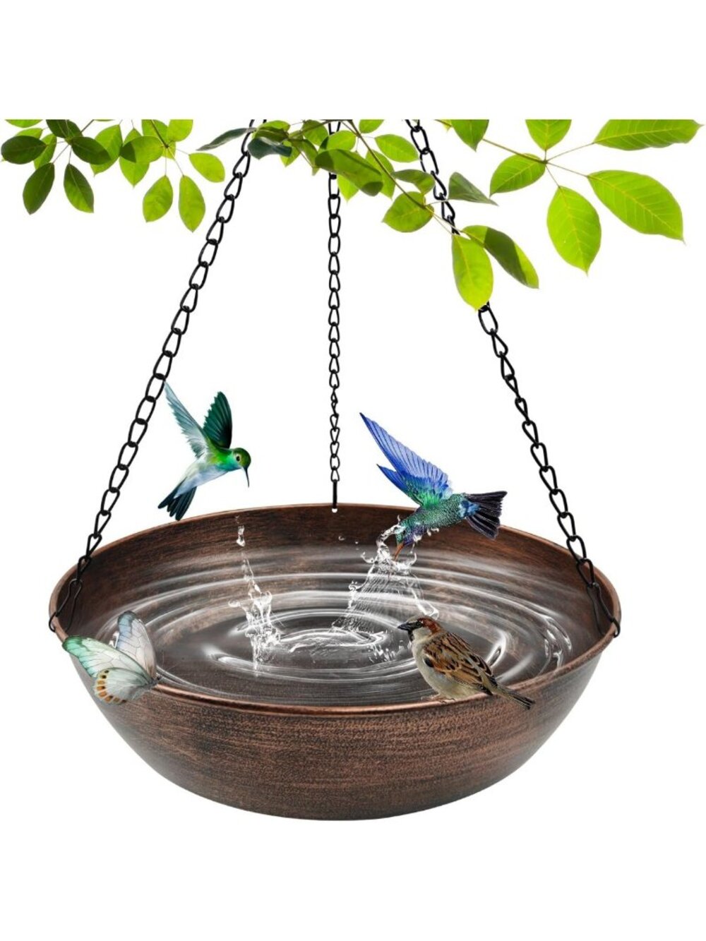 13" Metal Hanging Bird Bath with Chains & Hook - Outdoor Garden Decor